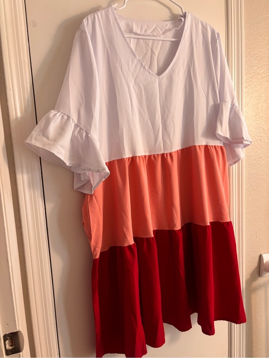 Dresses & Skirts - Colorblock Ruffle Tiered V-Neck II Dress - White, Coral, Red